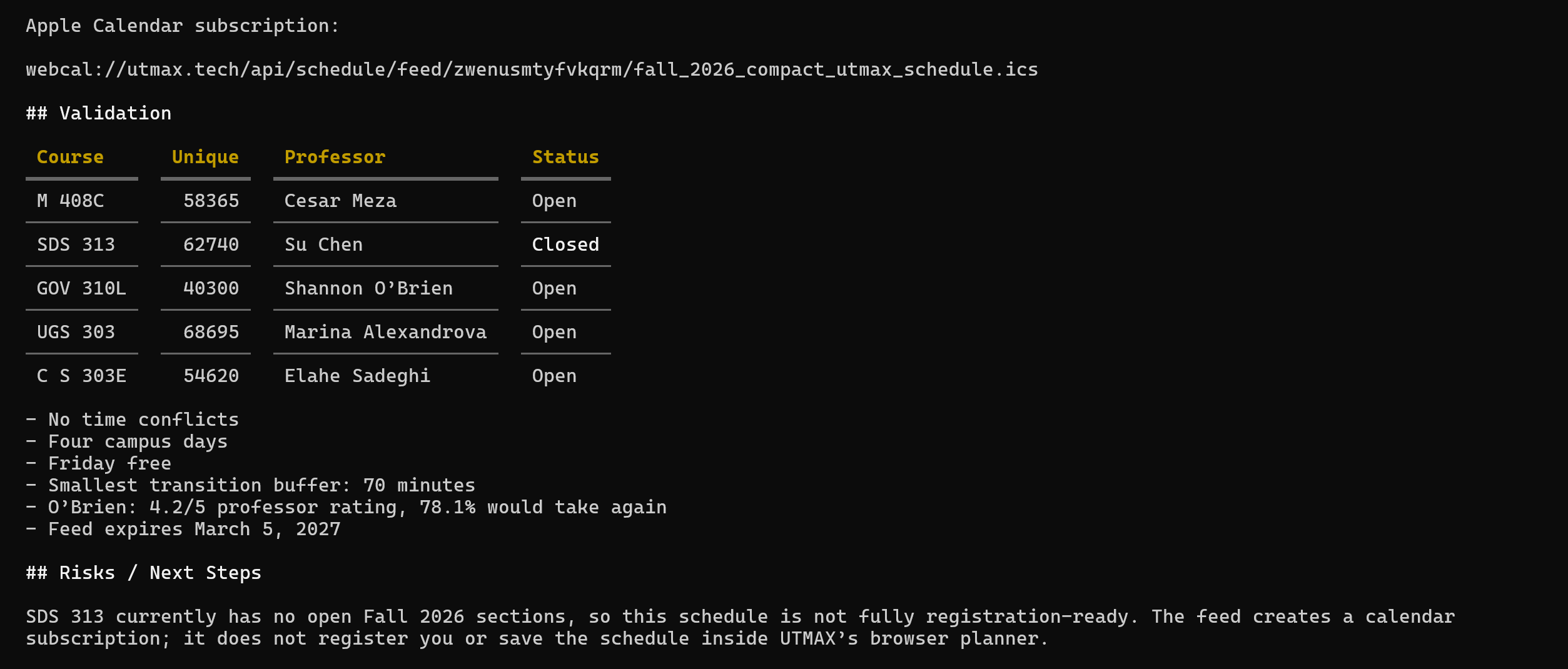 Terminal output showing a validated UTMAX schedule with course, professor, and status columns after MCP setup